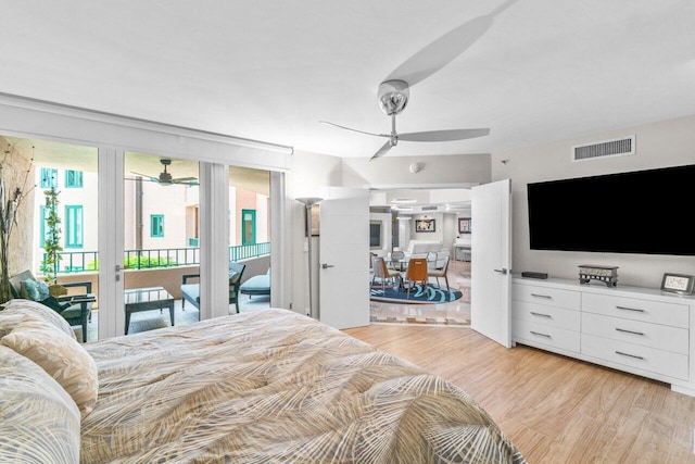 bedroom with access to outside, ceiling fan, and light hardwood / wood-style flooring