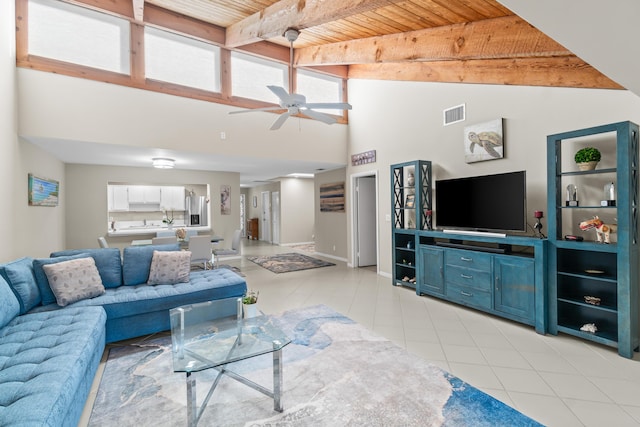 tiled living room featuring lofted ceiling with beams, ceiling fan, and wood ceiling