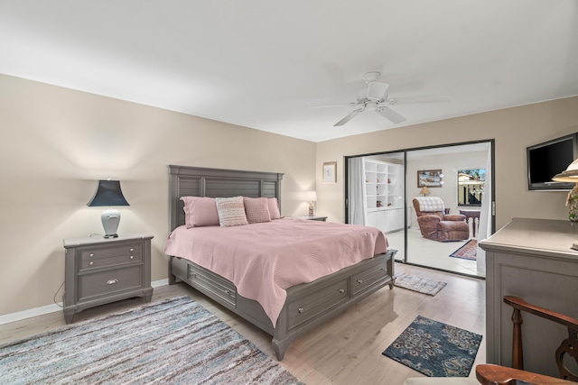 bedroom with ceiling fan and light wood-type flooring