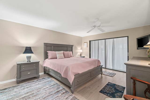 bedroom featuring ceiling fan and light wood-type flooring