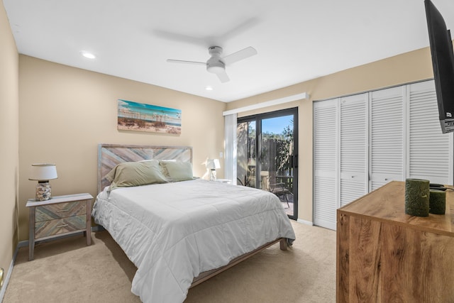 bedroom with light carpet, access to exterior, and ceiling fan