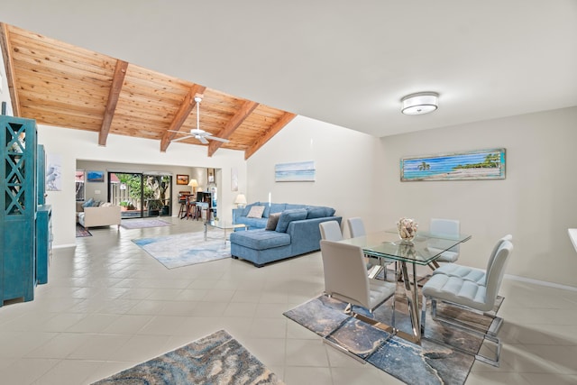 dining space featuring vaulted ceiling with beams, light tile patterned floors, wooden ceiling, and ceiling fan