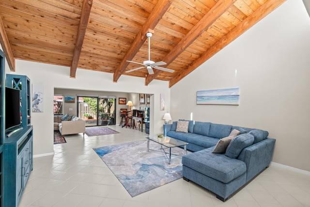 living room with light tile patterned flooring, high vaulted ceiling, ceiling fan, wooden ceiling, and beam ceiling