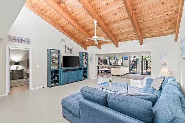 living room with light tile patterned flooring, high vaulted ceiling, beamed ceiling, ceiling fan, and wood ceiling