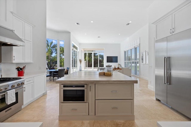 kitchen featuring white cabinetry, high quality appliances, and a center island