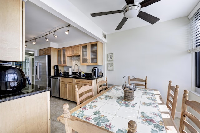 dining space with sink, rail lighting, and ceiling fan