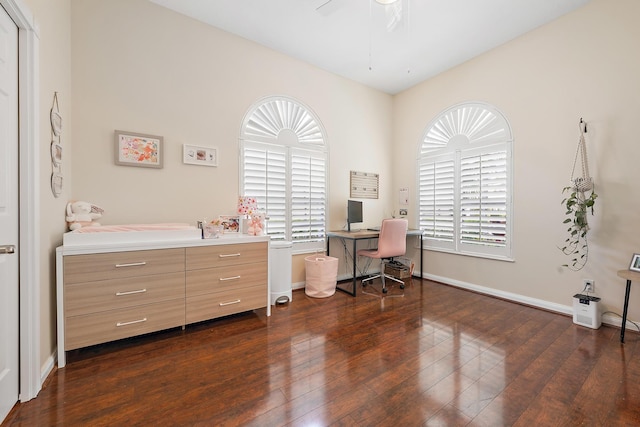 home office featuring dark wood-type flooring