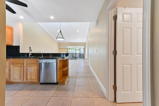 kitchen with hanging light fixtures, stainless steel dishwasher, open shelves, a sink, and light tile patterned flooring