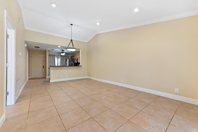 unfurnished dining area with vaulted ceiling, ornamental molding, light tile patterned floors, and baseboards