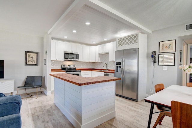 kitchen featuring sink, white cabinets, wooden counters, stainless steel appliances, and light hardwood / wood-style flooring