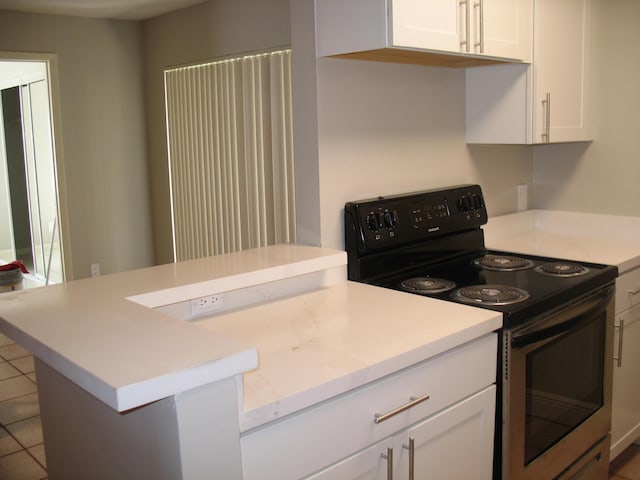 kitchen featuring a peninsula, white cabinetry, light countertops, and range with electric stovetop