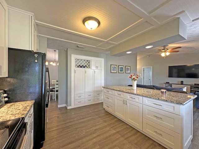 kitchen featuring light stone counters, ceiling fan with notable chandelier, wood-type flooring, and white cabinets