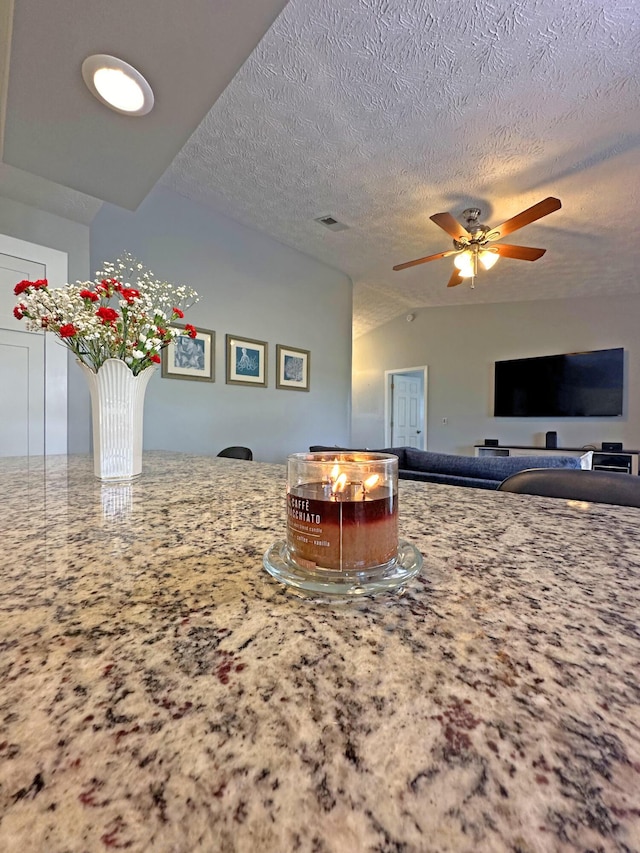 kitchen with a textured ceiling, vaulted ceiling, and ceiling fan