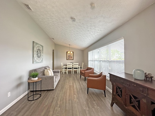 living room featuring hardwood / wood-style flooring, lofted ceiling, and a textured ceiling