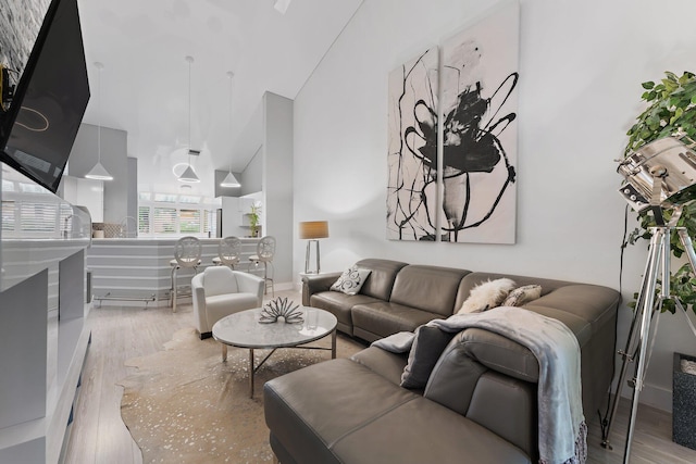 living room featuring high vaulted ceiling and light hardwood / wood-style floors