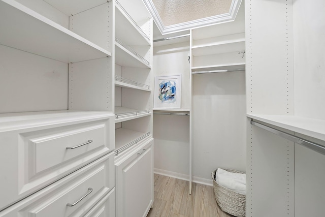 walk in closet with light hardwood / wood-style floors