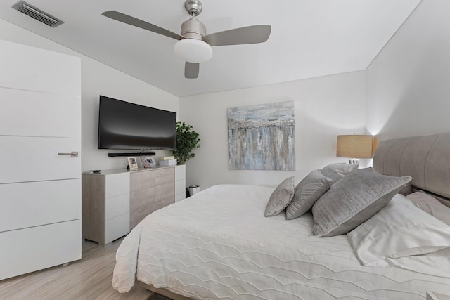 bedroom featuring ceiling fan and light wood-type flooring