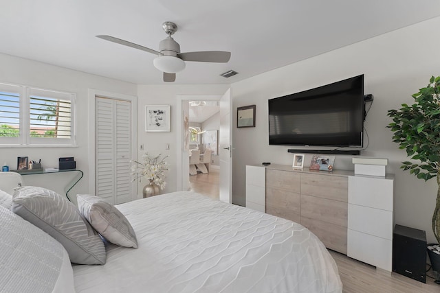 bedroom featuring ceiling fan and light hardwood / wood-style flooring