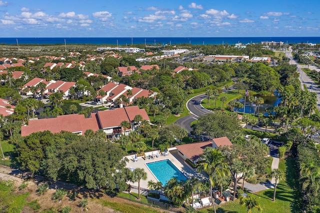 drone / aerial view featuring a water view