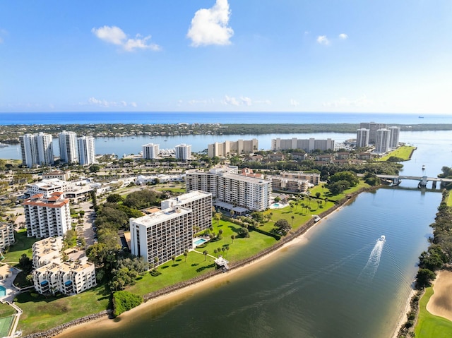 birds eye view of property featuring a water view