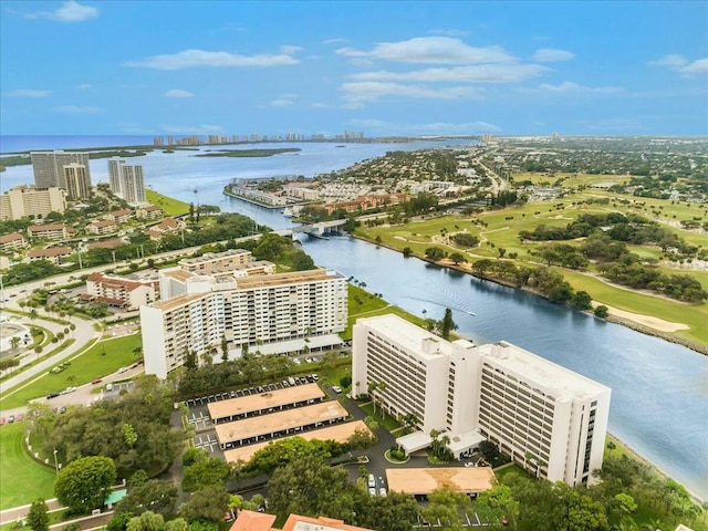 bird's eye view with a water view