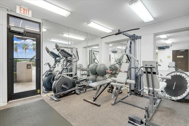 workout area with carpet and a textured ceiling