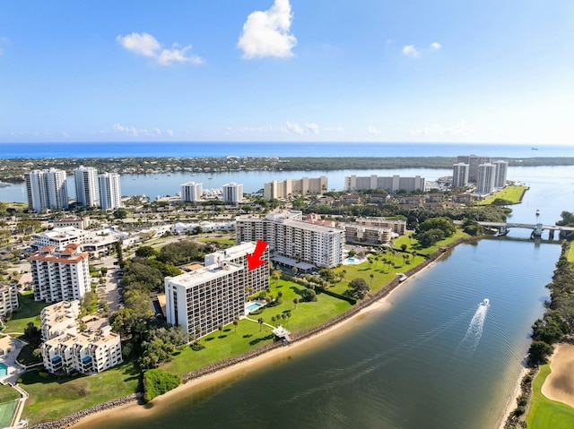 drone / aerial view with a water view