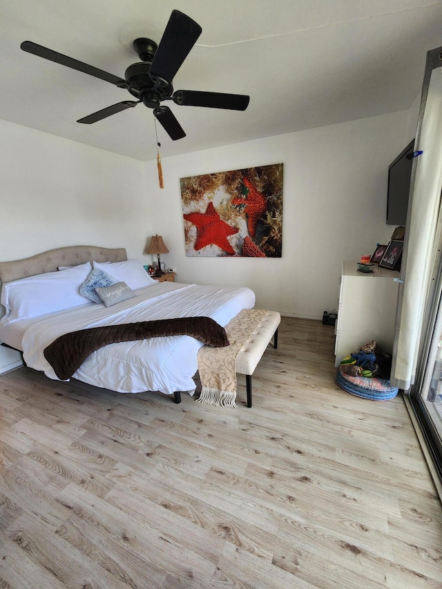 bedroom with ceiling fan and wood finished floors