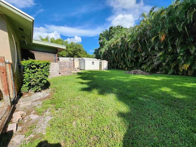 view of yard featuring a storage unit