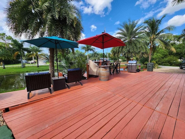 wooden terrace featuring a water view