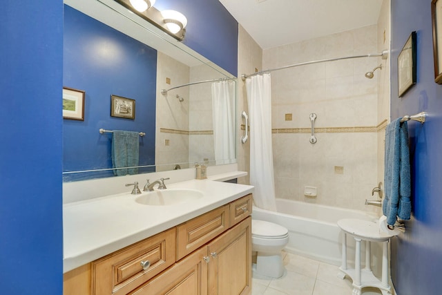 full bathroom with vanity, tile patterned floors, toilet, and shower / bathtub combination with curtain