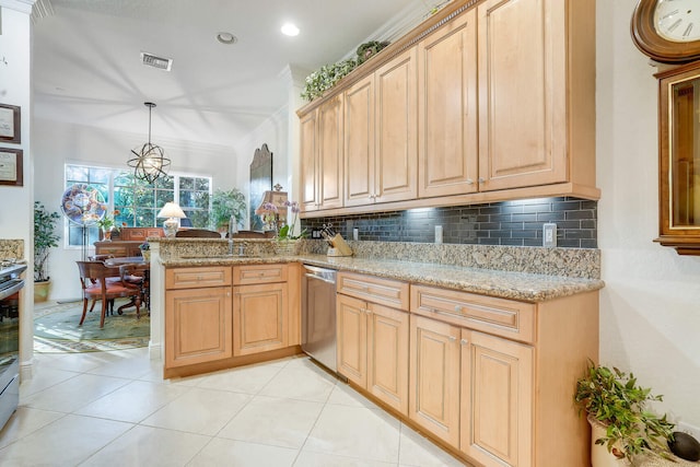 kitchen featuring sink, tasteful backsplash, decorative light fixtures, dishwasher, and kitchen peninsula