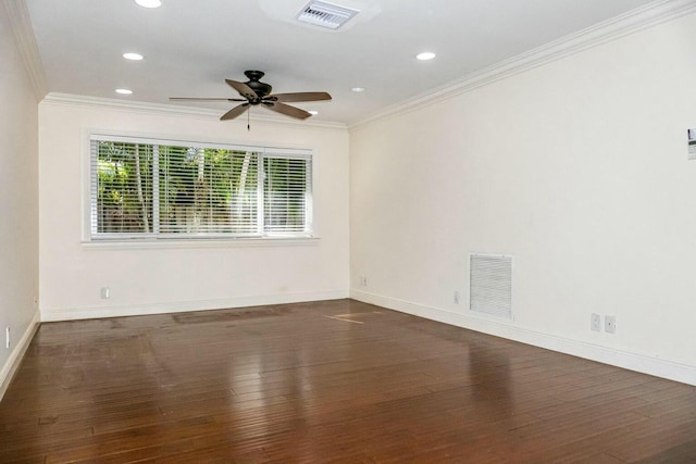 unfurnished room with crown molding, ceiling fan, and dark hardwood / wood-style floors