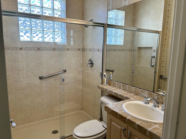 bathroom with vanity, toilet, and an enclosed shower