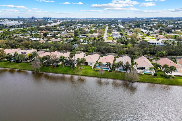 aerial view featuring a water view and a residential view