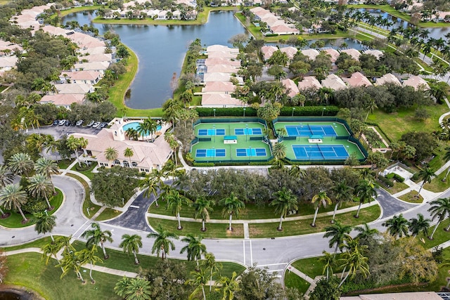 aerial view featuring a water view and a residential view