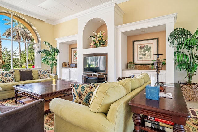 living area with ornamental molding