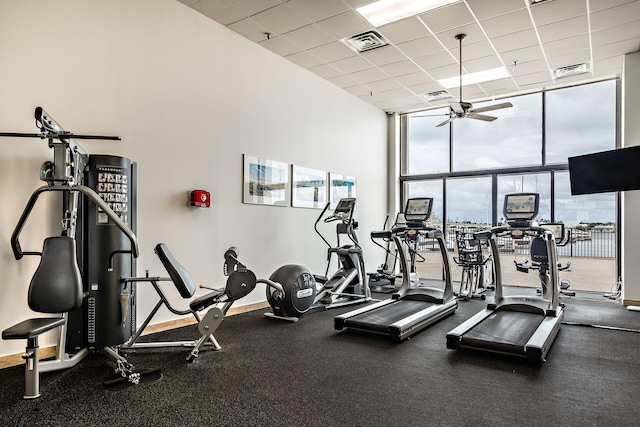 exercise room with ceiling fan, a wall of windows, and a drop ceiling