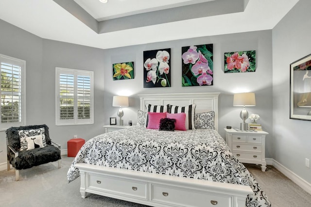 bedroom featuring light colored carpet and a raised ceiling