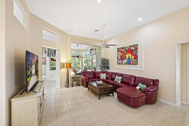 living room featuring visible vents, a ceiling fan, recessed lighting, light tile patterned floors, and baseboards