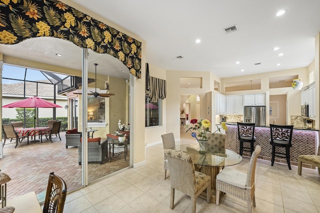 dining room featuring recessed lighting, light tile patterned flooring, a ceiling fan, and visible vents