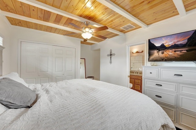 bedroom with beam ceiling, ceiling fan, wooden ceiling, ensuite bath, and a closet