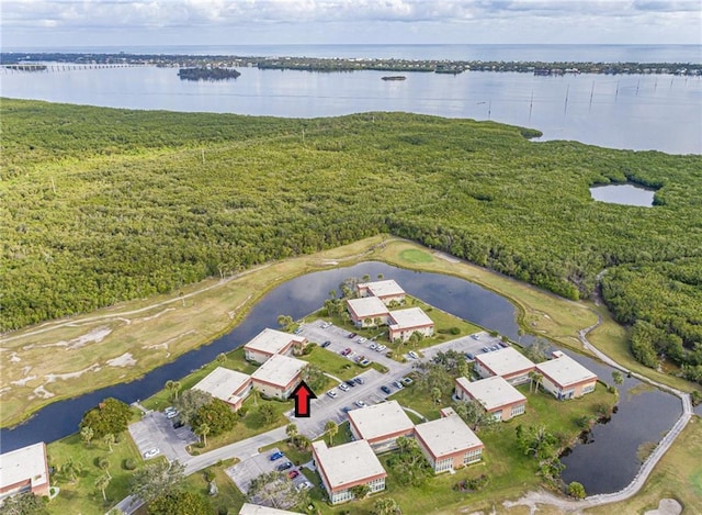 drone / aerial view with a water view