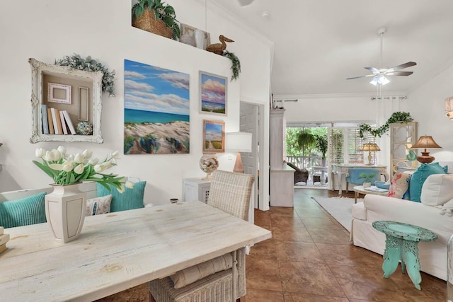 interior space with crown molding and ceiling fan