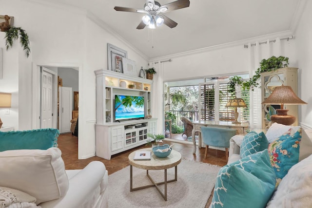 living room with lofted ceiling, ornamental molding, and ceiling fan