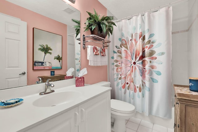 full bathroom with shower / bath combination with curtain, tile patterned flooring, vanity, toilet, and a textured ceiling