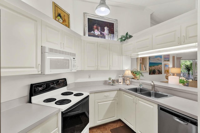 kitchen with white cabinetry, dishwasher, sink, and electric range oven