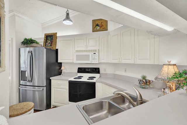 kitchen with white cabinets, sink, stainless steel fridge with ice dispenser, and electric range