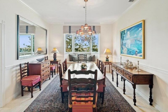 tiled dining room featuring ornamental molding, a wealth of natural light, and a notable chandelier