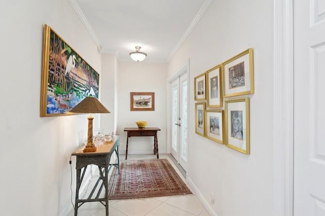 corridor featuring crown molding and light tile patterned flooring